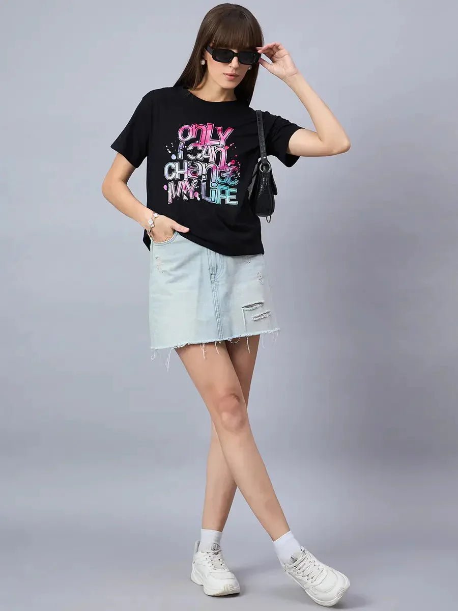 Trendy Streetwear Typography Printed Cotton Tee for Girls – Casual Wear