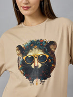 Woman in 98degreenorths Trendy Typography Printed Oversized Cotton T-shirt—perfect for bold streetwear style.