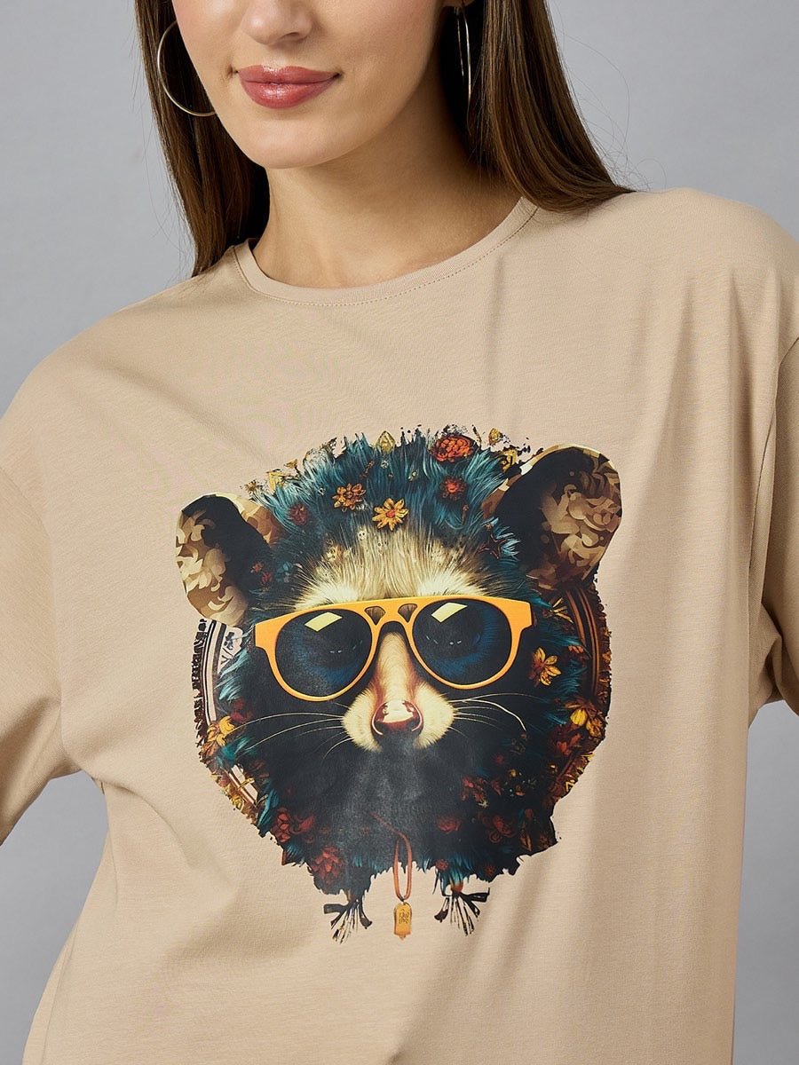 Woman in 98degreenorths Trendy Typography Printed Oversized Cotton T-shirt—perfect for bold streetwear style.