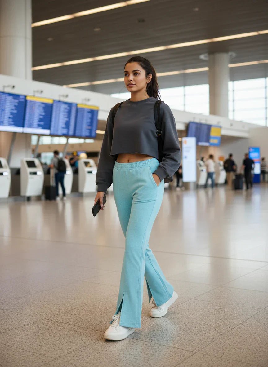 A woman wears 98degreenorth Turquoise Blue Women’s Fleece Bootcut Sweatpants, a grey crop top, and a backpack at the airport.