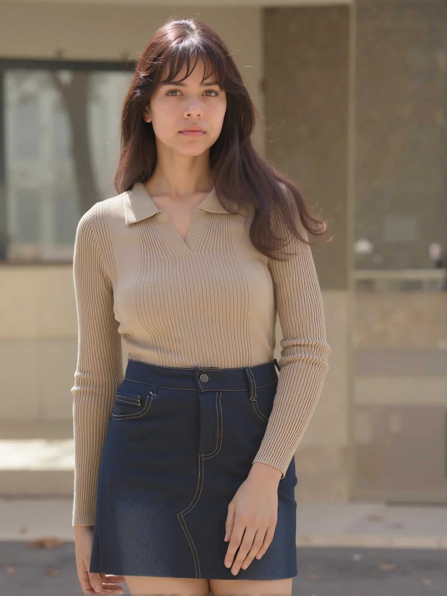 A woman in the 98degreenorth Tuscon Brown Women’s Ribbed Collared Sweater stands outside, looking calmly at the camera.