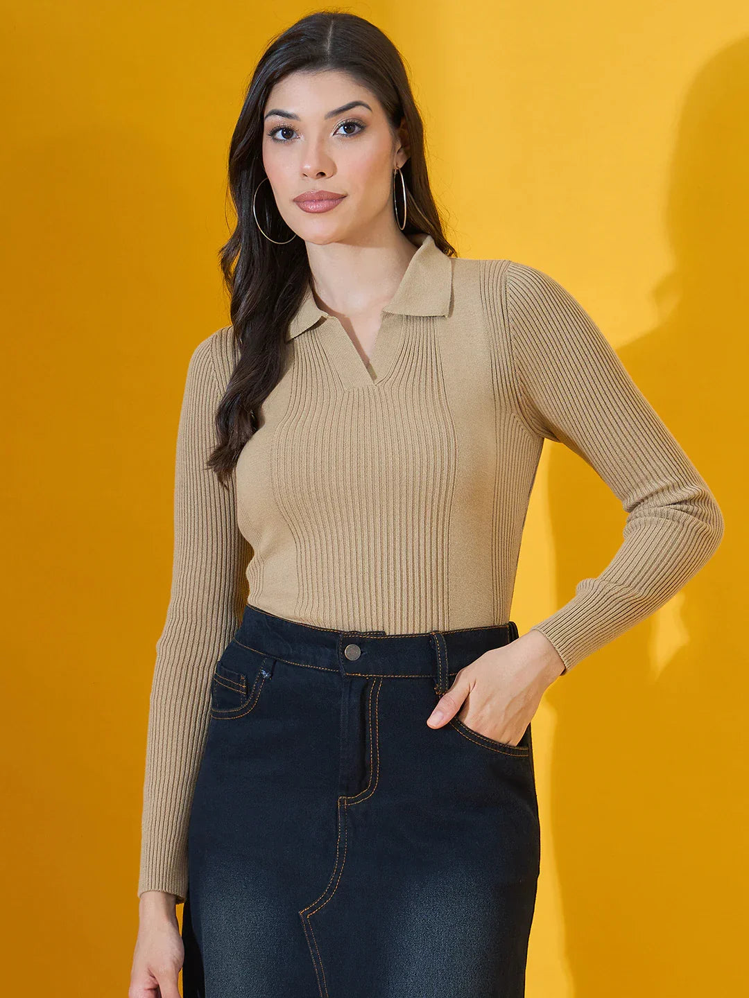 Tuscon Brown Women’s Ribbed Collared Sweater – Stylish Knit Pullover India