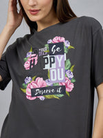 98degreenorth Typography Graphic Cotton Tee for Women with drop shoulder sleeves and Be Happy, You Deserve It print.