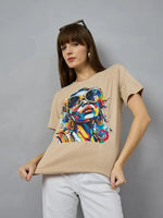 Woman in 98degreenorth Typography Print Women’s Cotton T-shirt, posing against a plain gray background.