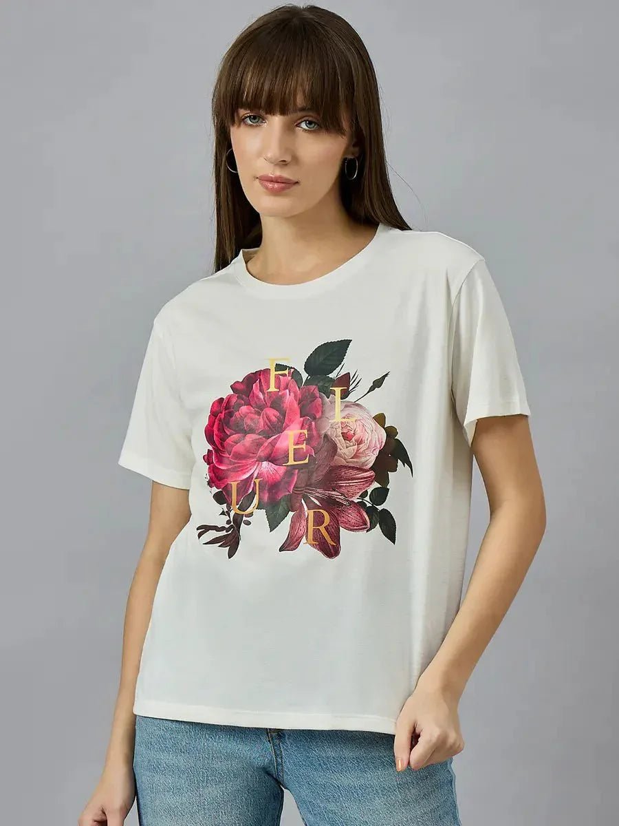 Typography Printed Cotton Round Neck T-shirt for Women – Relaxed Fit