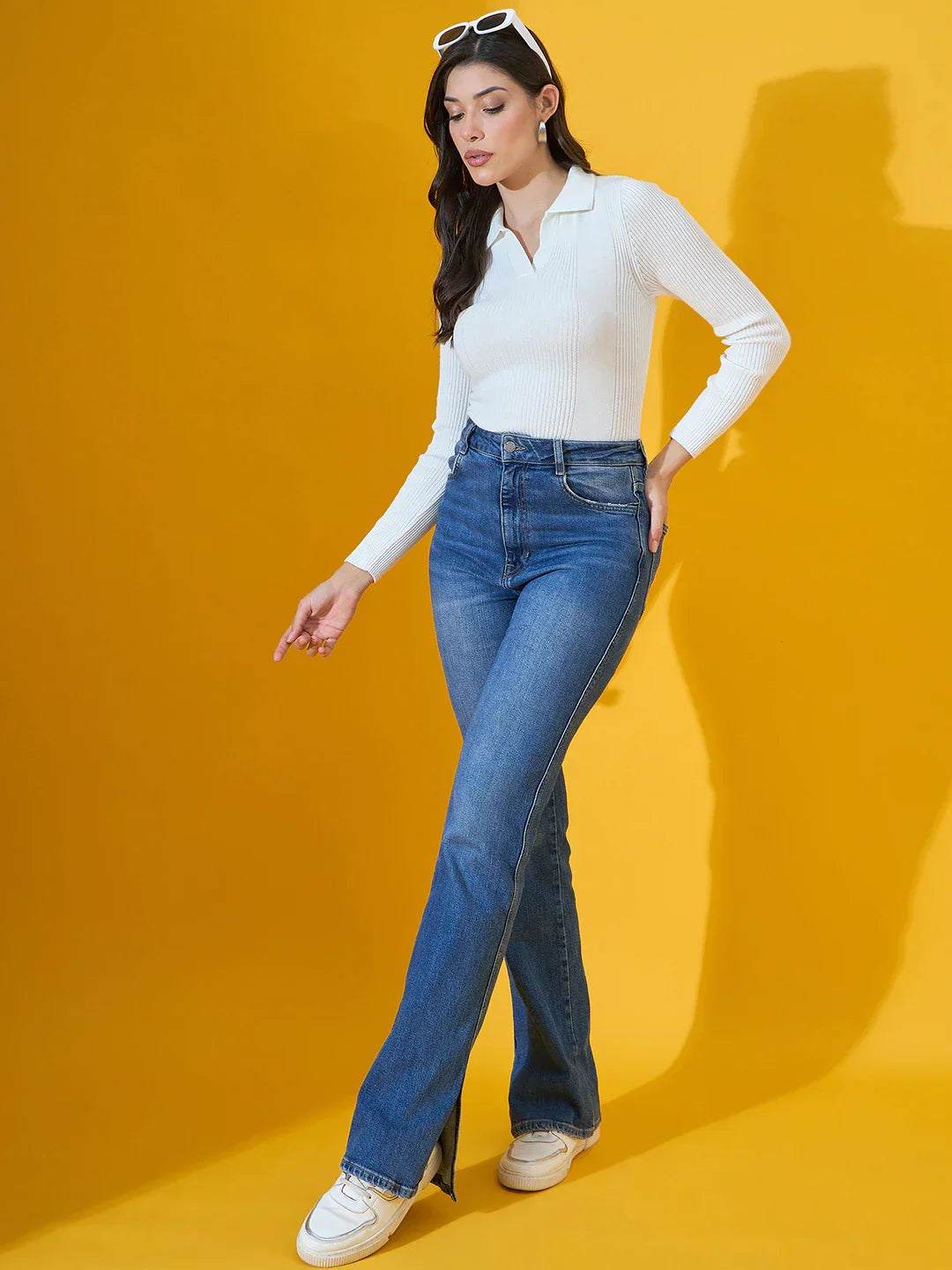 White Ribbed Collared Sweater for Women – Timeless Knit Winterwear India