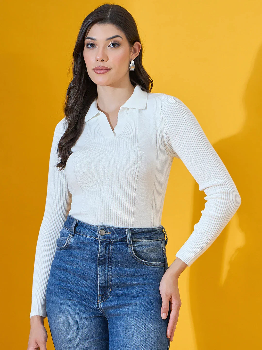 White Ribbed Collared Sweater for Women – Timeless Knit Winterwear India