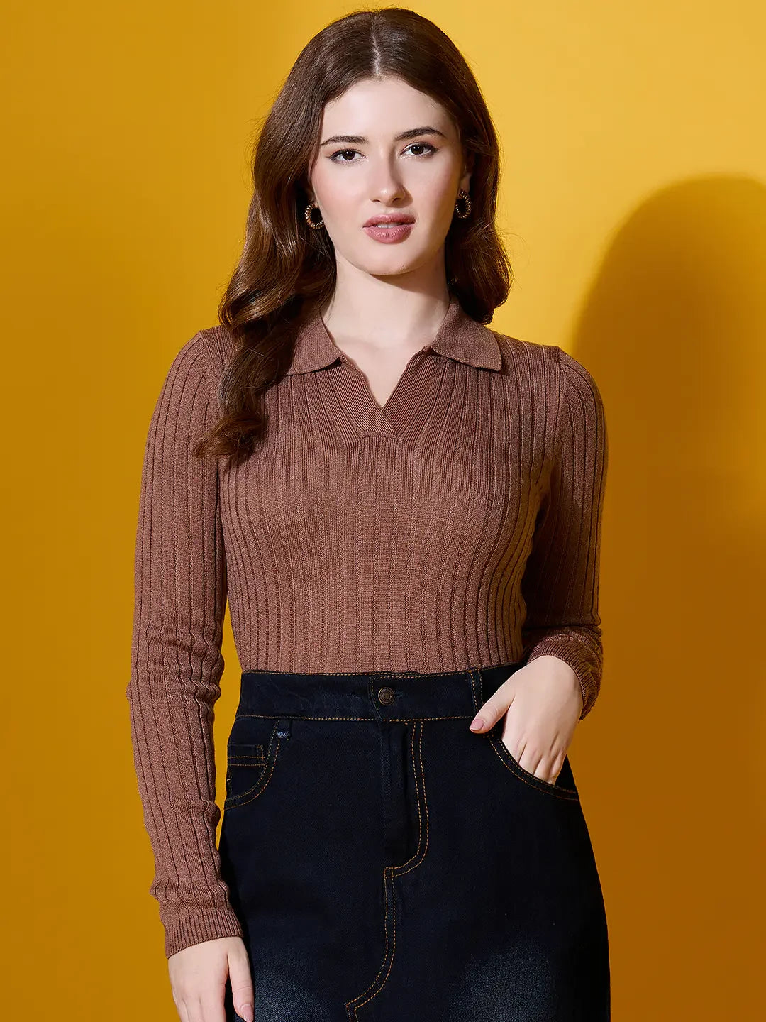 Woman in 98degreenorth Camel Ribbed Collar Sweater—handcrafted winterwear for effortless, stylish comfort.