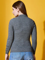 Woman with long brown hair wears the 98degreenorth Grey Ribbed Collar Sweater, facing away against a yellow background.
