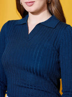 Model in 98degreenorth Women Midnight Blue Ribbed Collar Neck Sweater, Premium Soft-Touch Winter Layer, shoulders to waist.