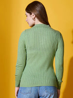 Woman in a 98degreenorth Pear Collar Neck Sweater with chic ribbed detail, facing away against a yellow background.