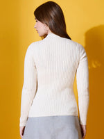 Woman wears 98degreenorth Off-White Ribbed High Neck Sweater, shown from behind against a yellow background.