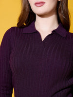 Model wears 98degreenorth Women Rosewood Collar Neck Ribbed Sweater, shown from shoulders up against a yellow background.