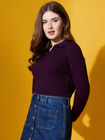 Woman wears 98degreenorth Rosewood Collar Neck Ribbed Sweater and denim skirt, posing against a yellow background.