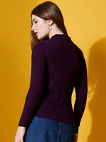 Woman in 98degreenorth Rosewood Collar Neck Ribbed Sweater faces away against a yellow background.