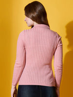 98degreenorth Women Salmon Ribbed Collar Neck Sweater styled for winter outings, set against a yellow background.