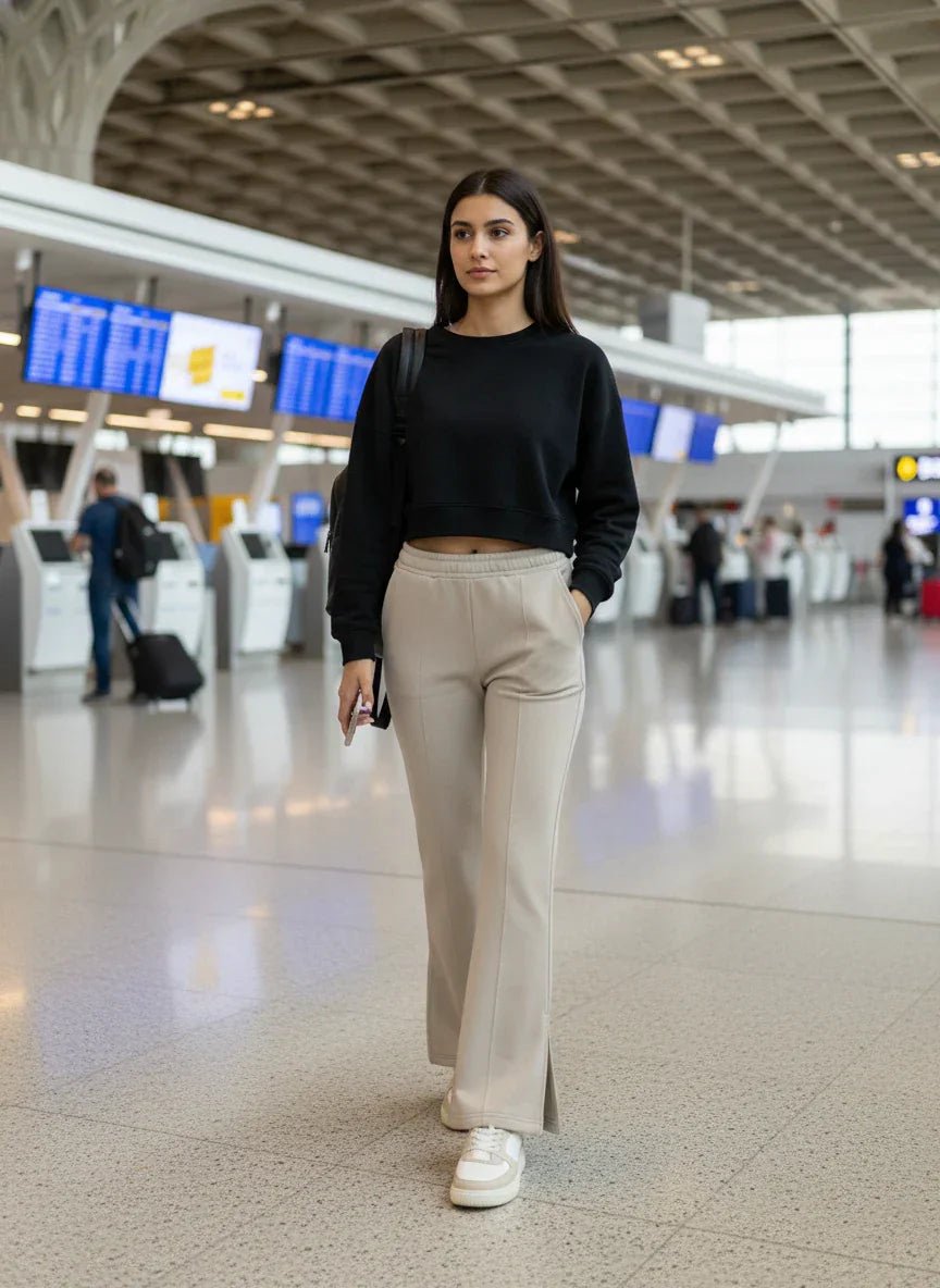A woman in 98degreenorth Women's Almond Flared Bootcut Sweatpants walks through an airport, phone in hand.