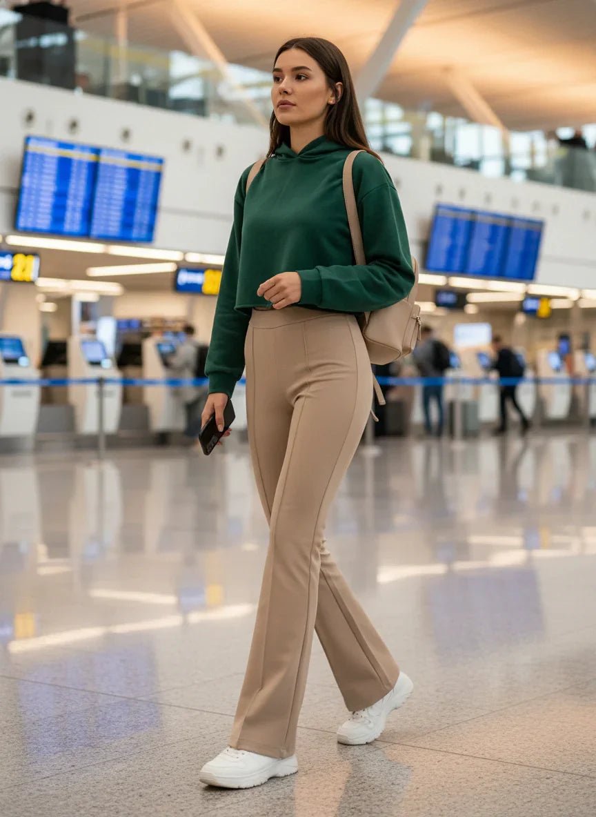 Woman in 98degreenorth Almond Fleece Flared Sweatpants, high waisted and cozy, walks airport terminal, phone in hand.