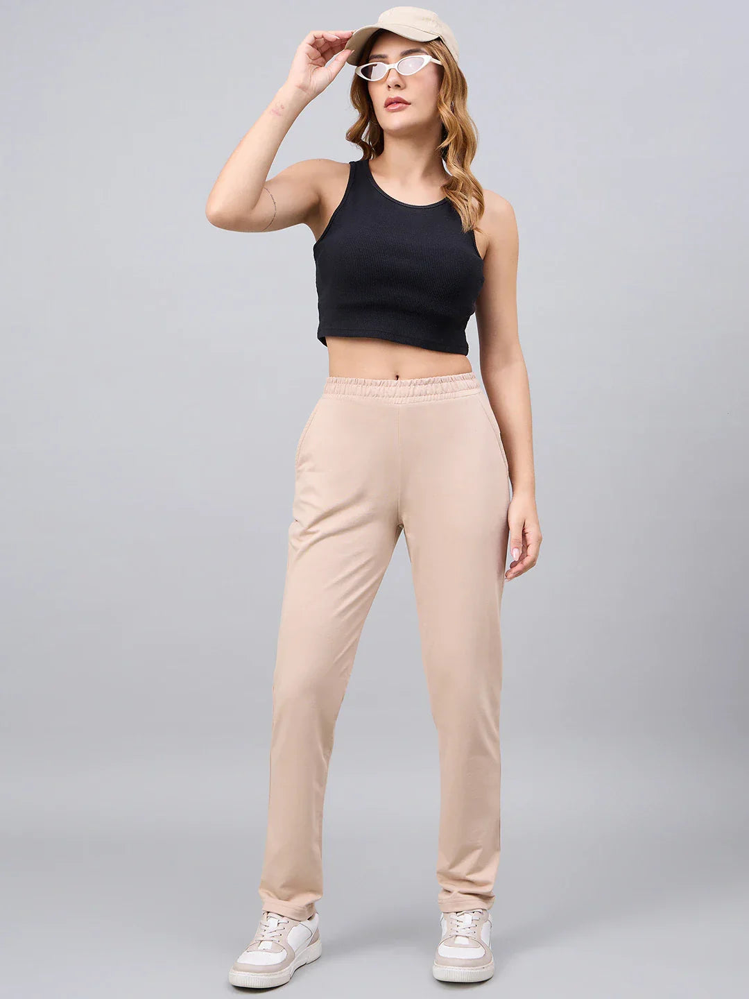 Women’s Beige Cotton Stretchable Slim Fit Trackpants – High Waist Straight Leg Casual & Travel Wear Bottoms India