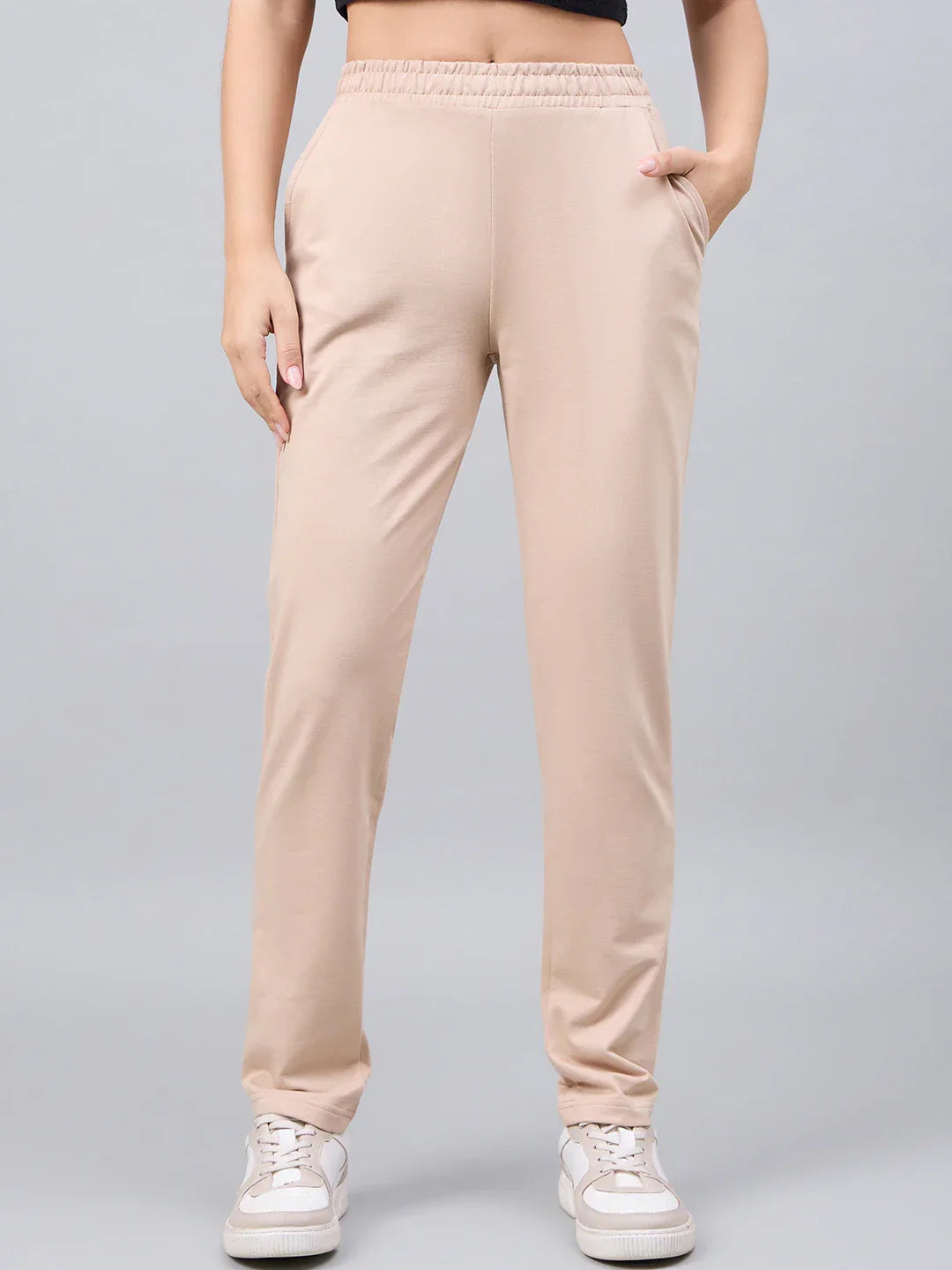 Women’s Beige Cotton Stretchable Slim Fit Trackpants – High Waist Straight Leg Casual & Travel Wear Bottoms India