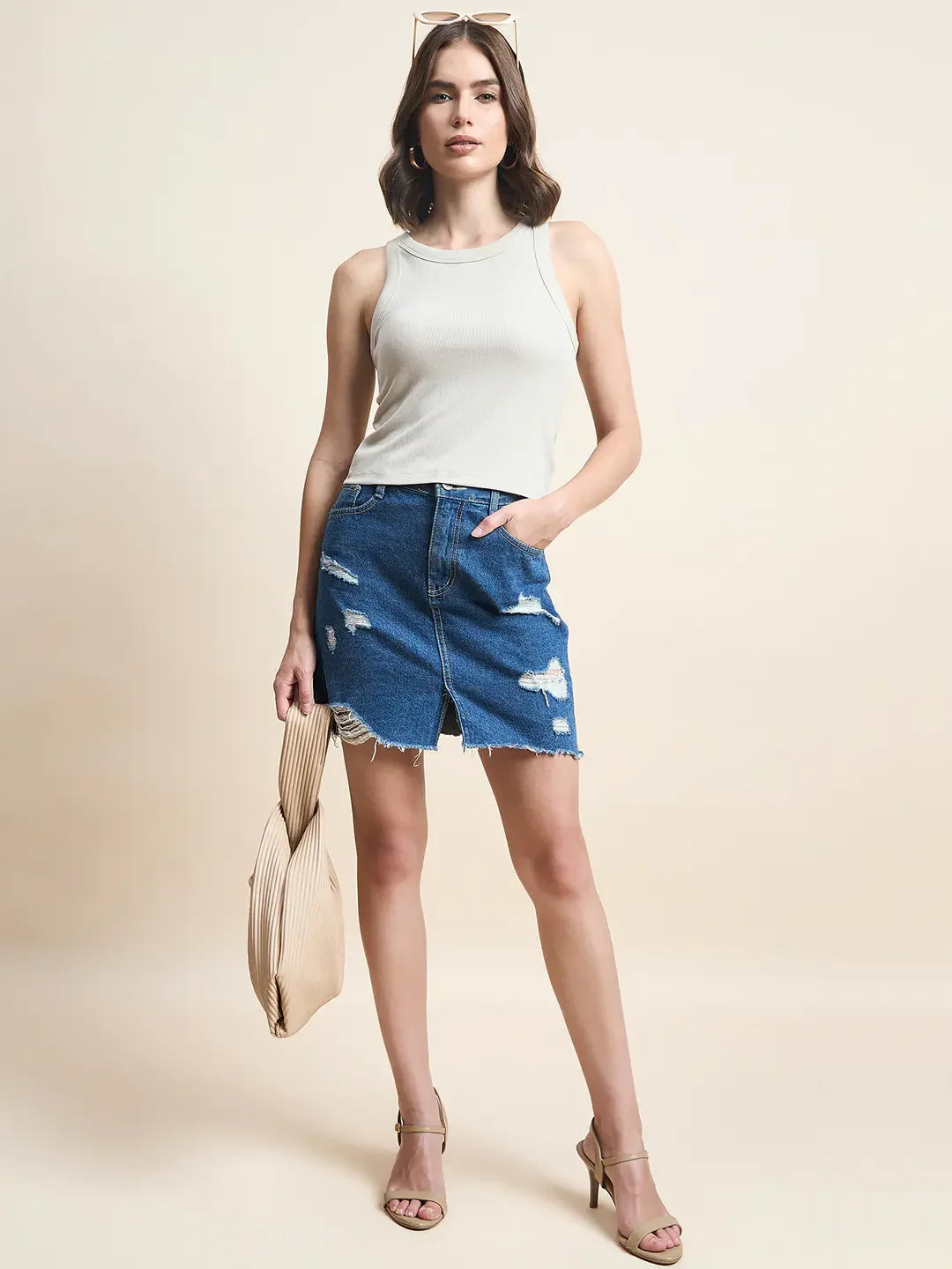 Women’s Beige Ribbed Sleeveless Crop Top – Neutral Slim Fit Casual Wear