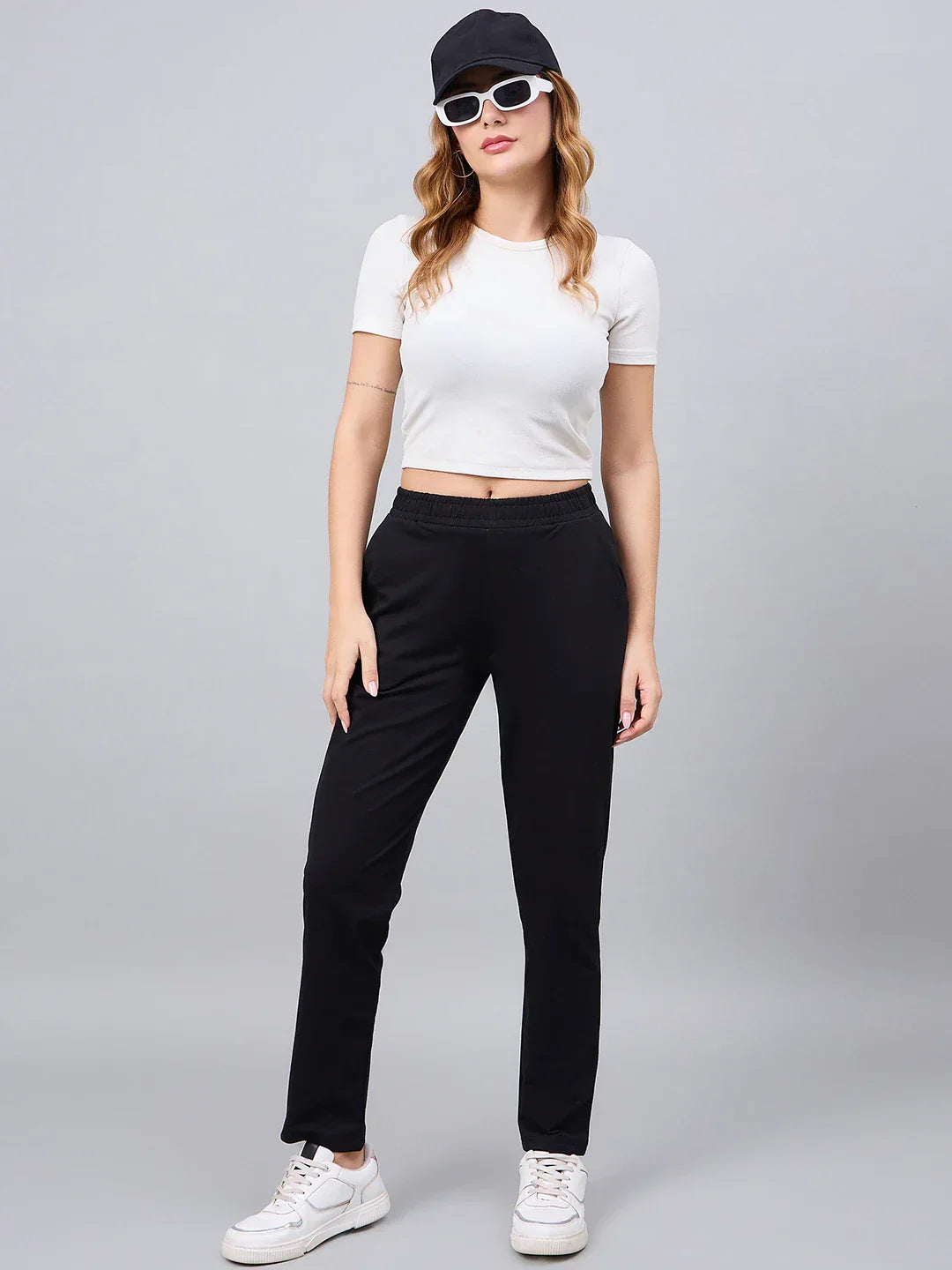 Women’s Black Cotton Stretchable Slim Fit Trackpants – High Waist Straight Leg Workout & Casual Wear Bottoms India