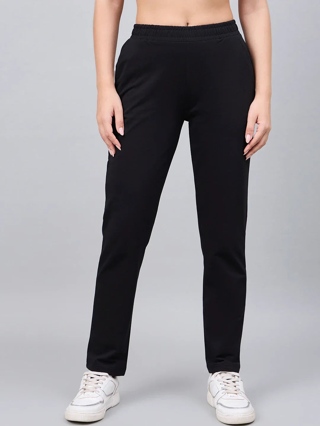 Women’s Black Cotton Stretchable Slim Fit Trackpants – High Waist Straight Leg Workout & Casual Wear Bottoms India