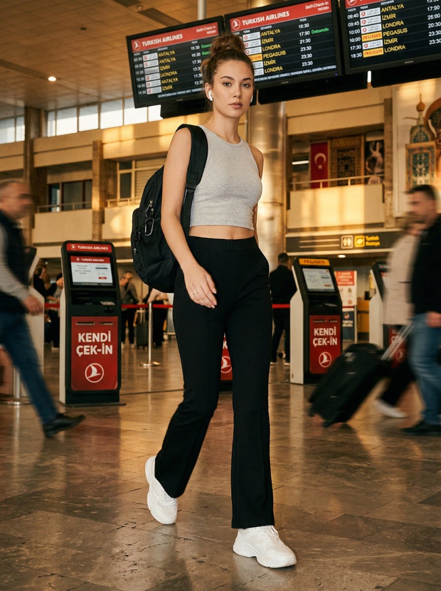 Woman with a backpack walks in an airport, stylish in 98degreenorth’s black flared bootcut cotton work trousers.