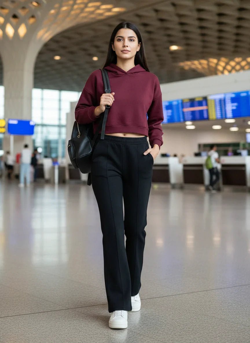 A woman in a maroon hoodie and 98degreenorth Women’s Black Fleece Flared Sweatpants walks through an airport terminal.