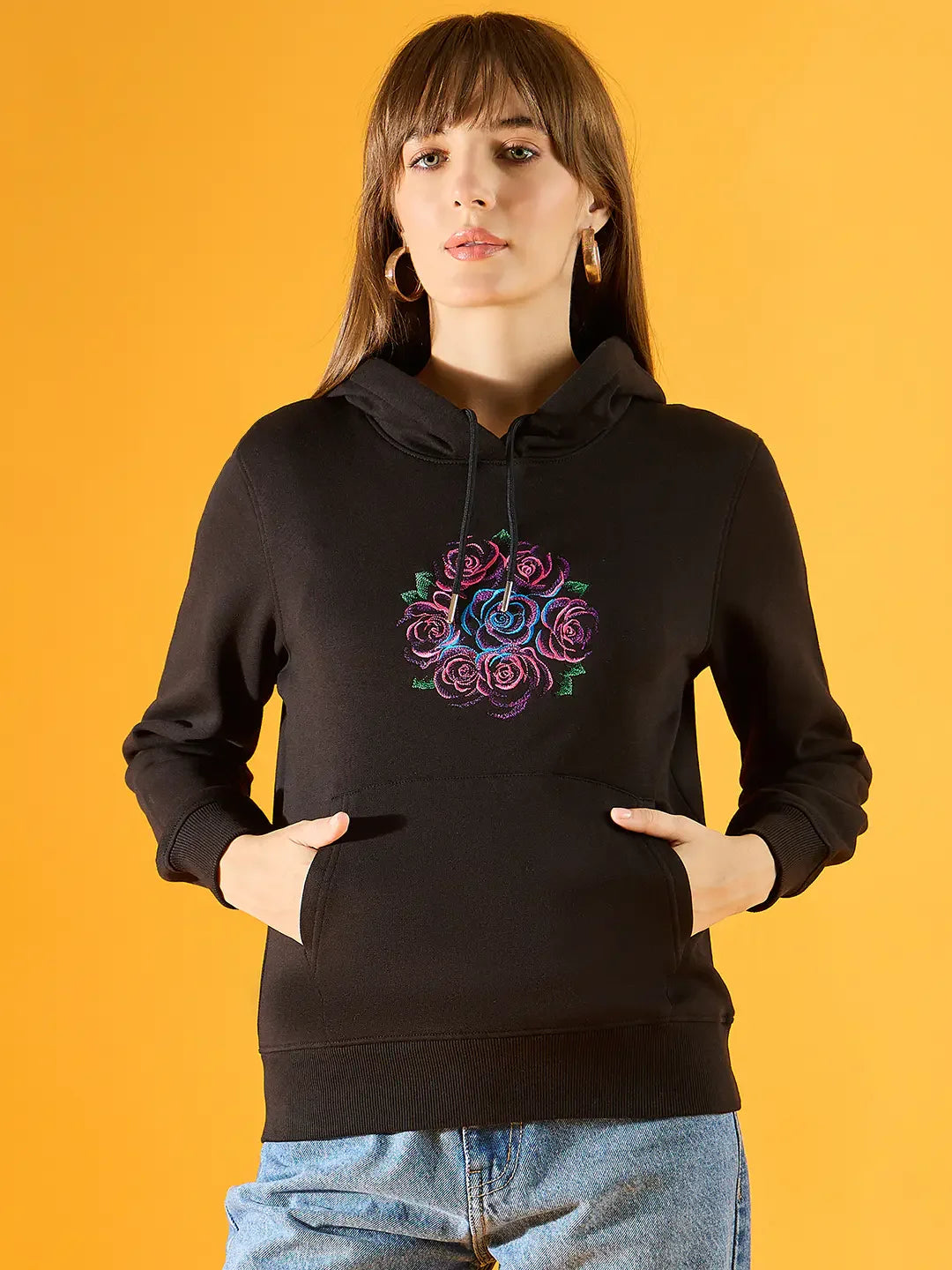 Women’s Black Fleece Hoodie Sweatshirt with Floral Rose Embroidery – Casual Winterwear