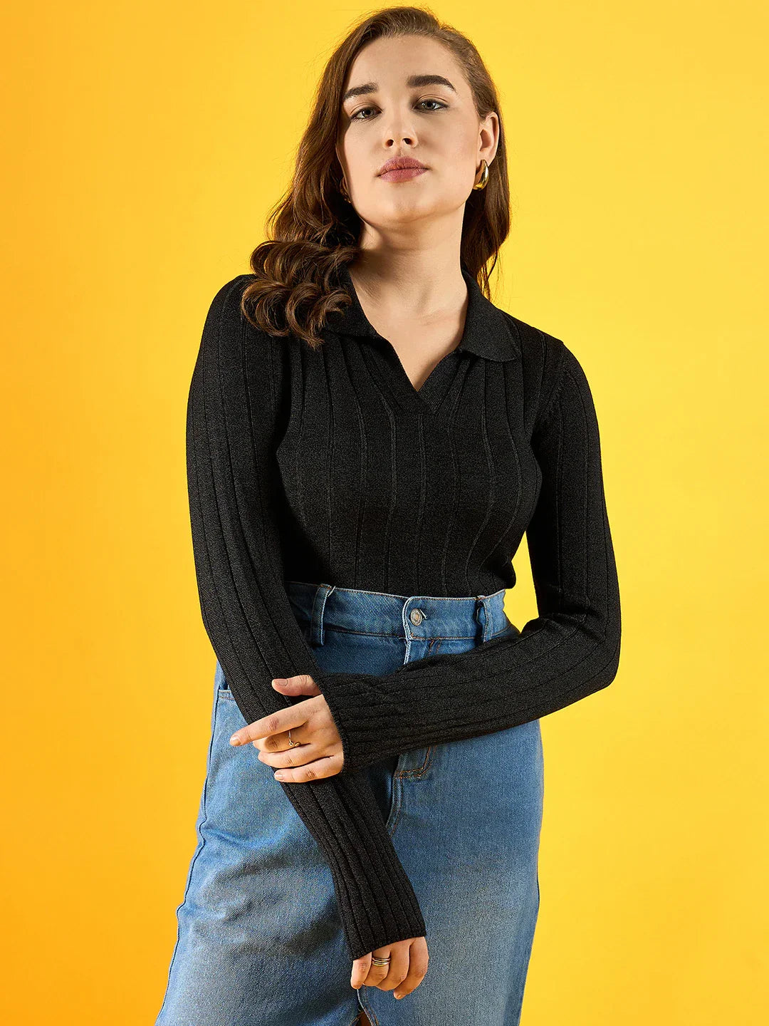 Women’s Black Mix Ribbed Collar Sweater – Stylish Winter Knitwear for Women Online in India