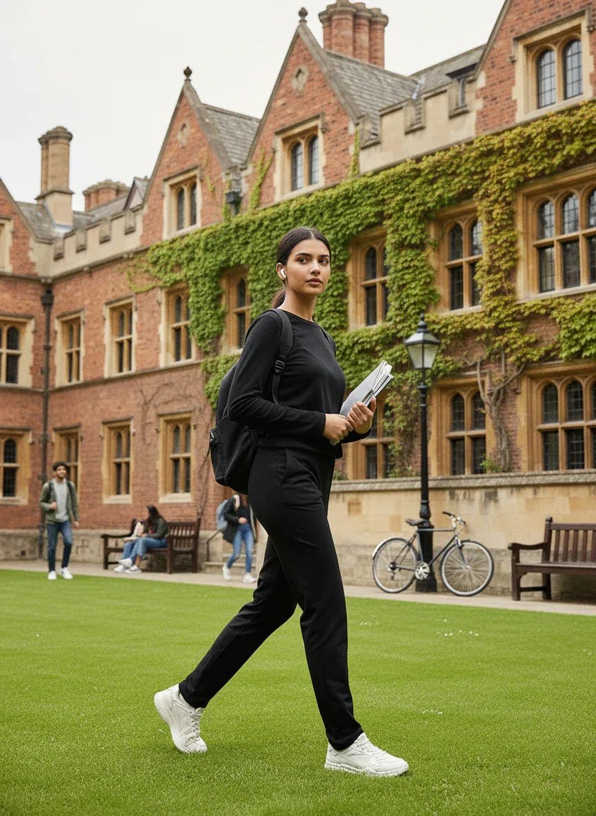 A woman in 98degreenorth Women’s Black Regular Fit Cotton Stretchable Trousers walks on campus with books.