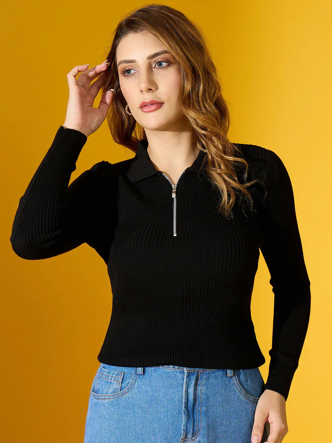 Women's Black Ribbed Collar Zipper Sweater – Slim Fit Long Sleeve Knitwear for Casual & Office Wear