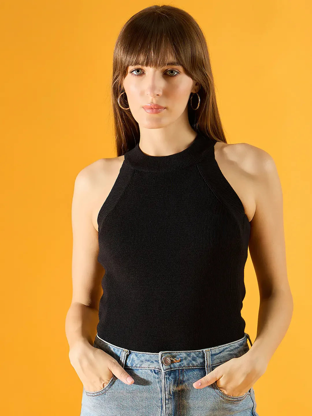 Women’s Black Ribbed Halter Neck Sleeveless Knit Top – Trendy Slim Fit Summer Tank for Casual Wear India