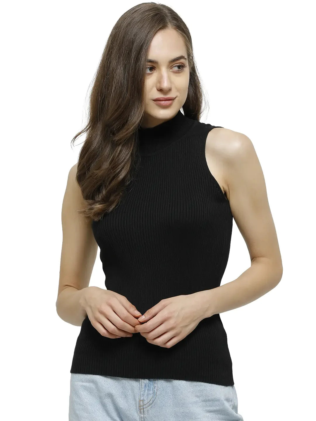 Women’s Black Ribbed High Neck Sleeveless Knit Top – Classic Slim Fit Mock Neck Tank for Casual & Party Wear