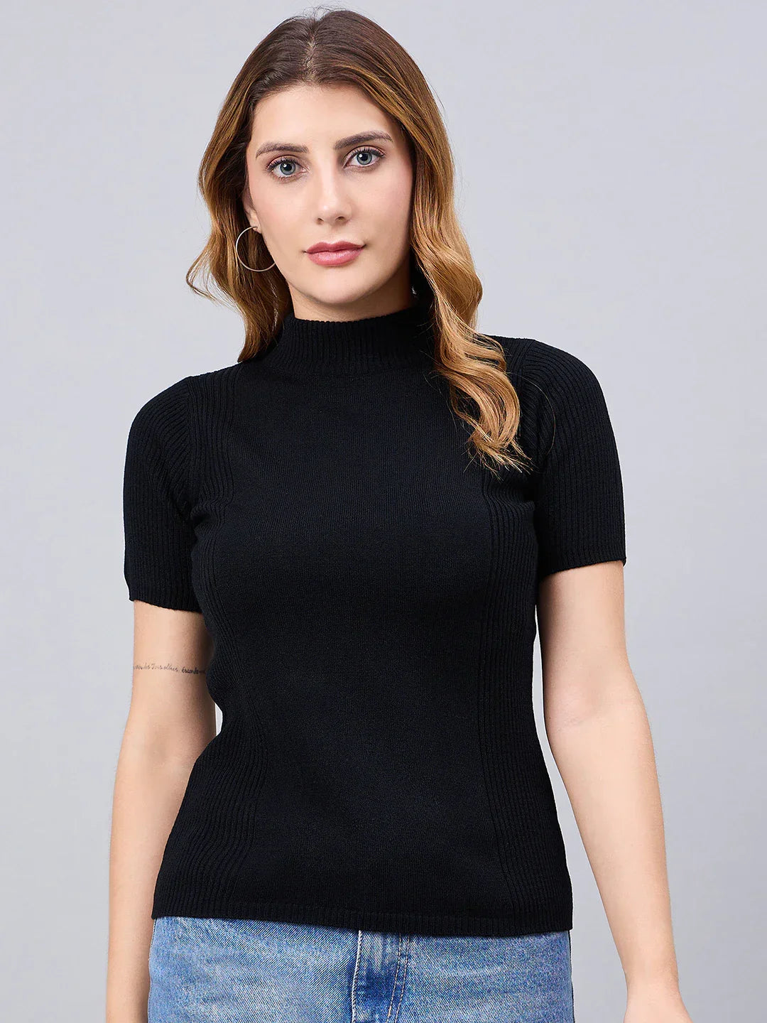 Women’s Black Ribbed Turtle Neck Sweater – Slim Fit Stretchable Half Sleeve Knit Top for Office, Travel & Winter Wear India