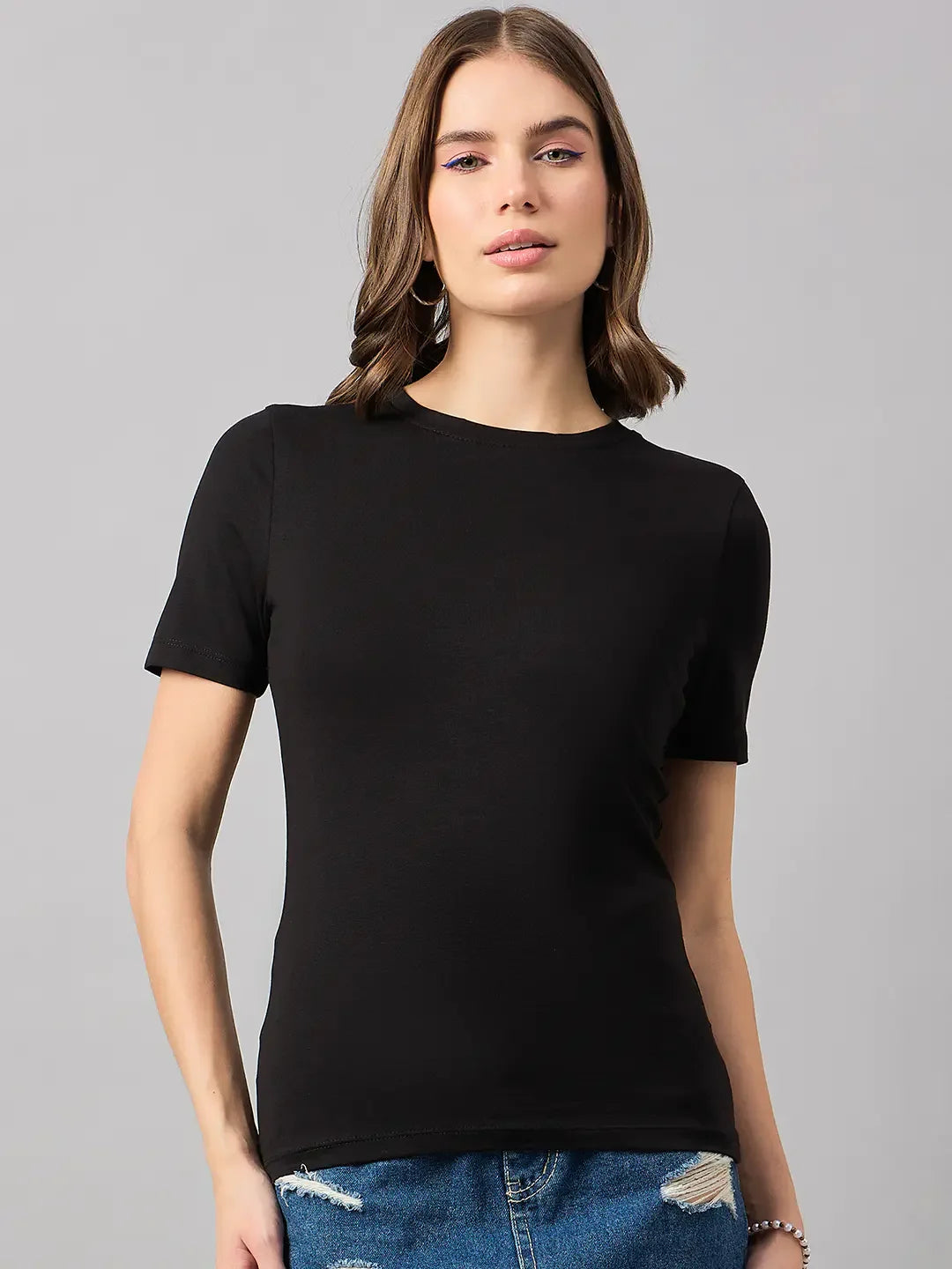 Women’s Black Round Neck Short Sleeve T-Shirt – Classic Everyday Top for Office & Casual Wear India