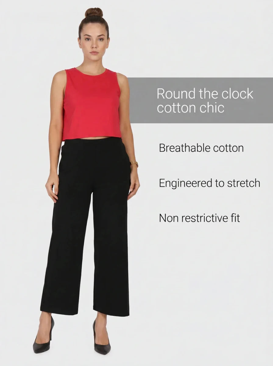 Woman in a red crop top and 98degreenorth Women's Black Wide-Leg Cotton Pants — High-Rise Stretch Trousers.