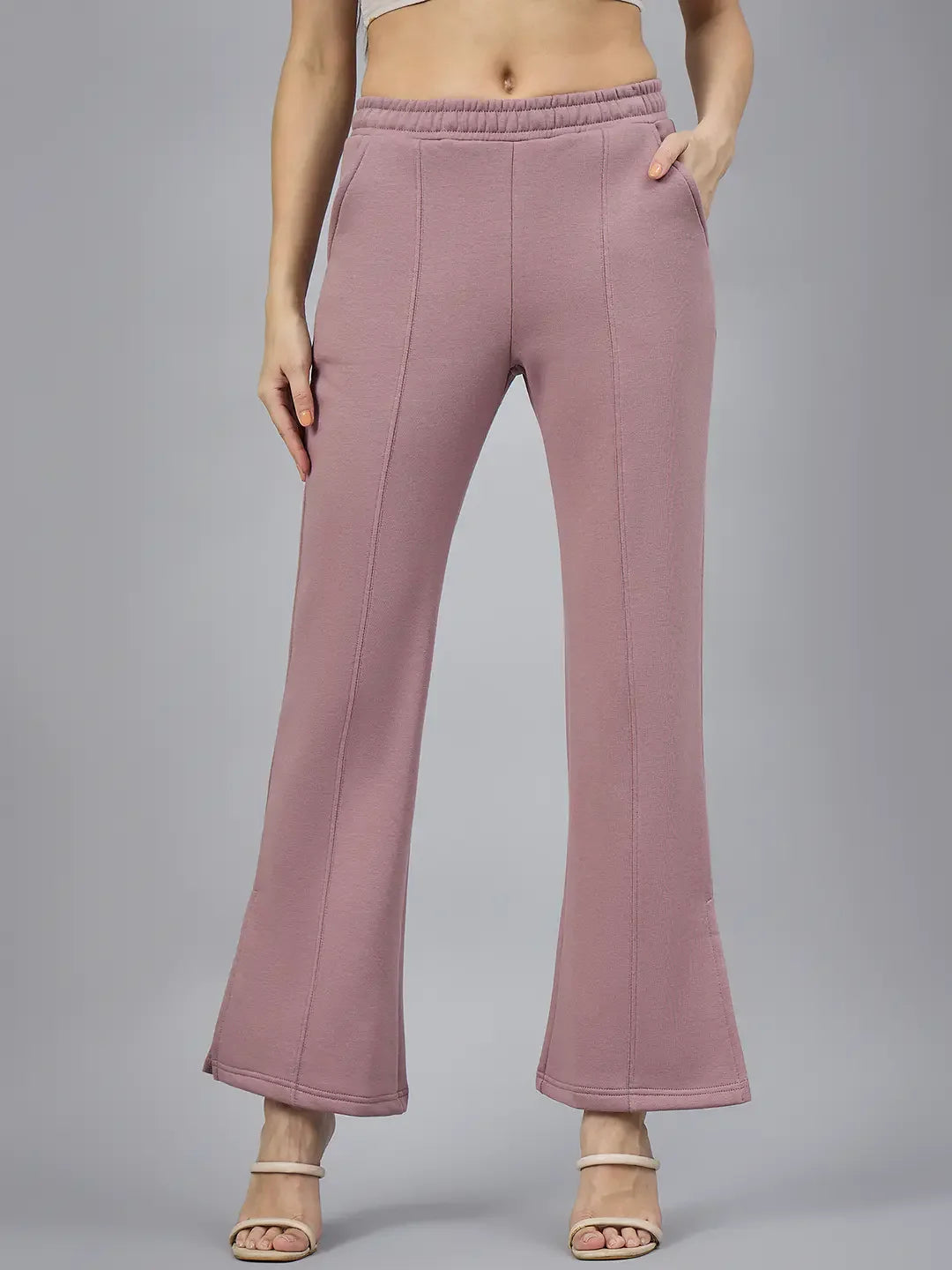 98degreenorth Women’s Blush Pink Bootcut Sweatpants – Flared Side-Slit Fleece Pants for casual or travel wear.