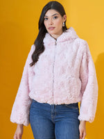 Woman in 98degreenorth Women’s Blush Pink Faux Fur Jacket and blue jeans—soft winter statement, casual chic India.