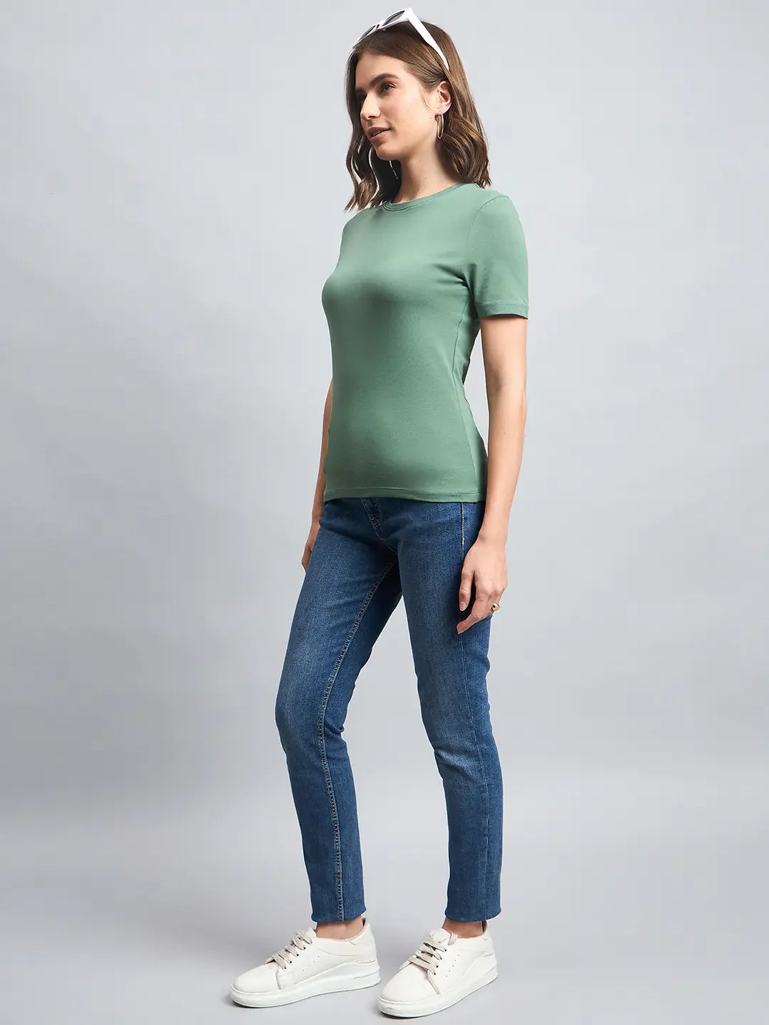 Women’s Bright Green Round Neck Short Sleeve T-Shirt – Vibrant Everyday Casual Top for Indian Women