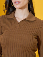 Close-up of a woman in a 98degreenorth slim fit brown ribbed collar neck sweater, her face partially visible.