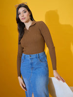 Woman in a 98degreenorth brown ribbed collar neck slim fit sweater poses against a bright yellow background.