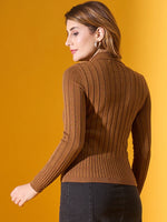 Woman with short brown hair wearing a 98degreenorth brown ribbed collar sweater, posing against a yellow background.