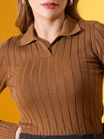 Woman in 98degreenorth’s brown ribbed collar neck sweater—Elegant Slim Fit Winter Knit Top India, yellow backdrop.