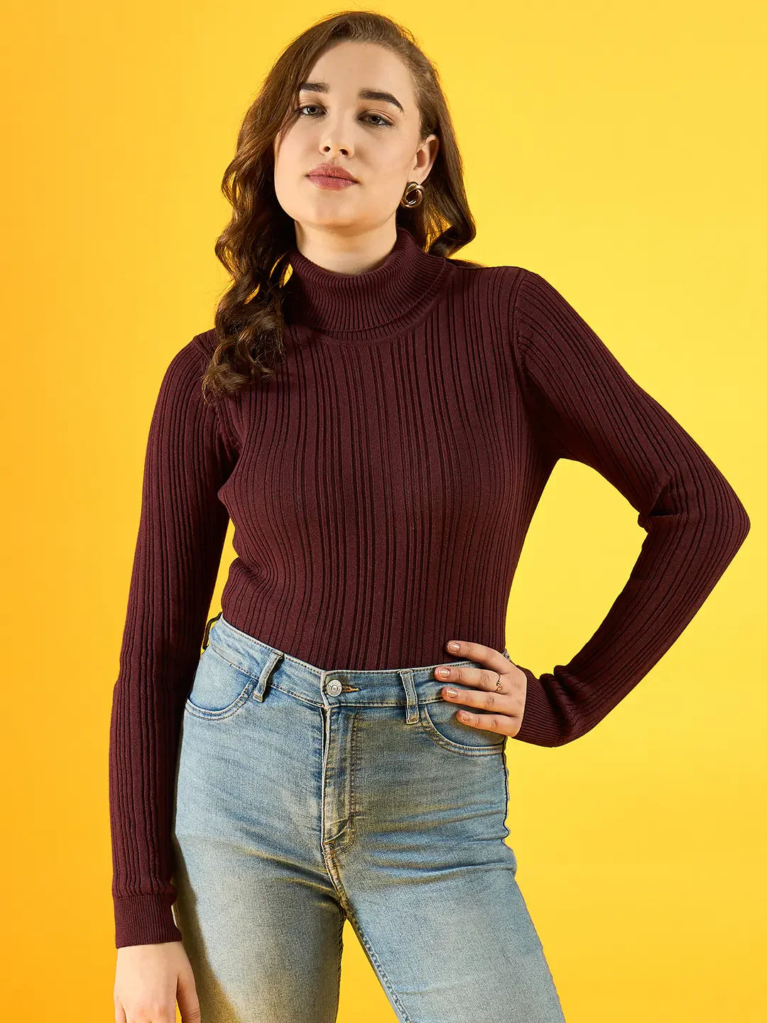 Women’s Burgundy Ribbed Turtleneck Stretchable Sweater – Elegant High Neck Slim Fit Pullover – Perfect for Indian Winter Layering & Outings