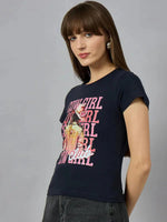 Woman in a 98degreenorth navy cotton Women’s casual typography t-shirt, designed for comfort.