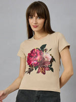 Woman in a 98degreenorth Women’s casual typography t-shirt with round neck, styled simply against a plain background.