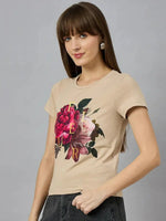 Woman in a 98degreenorth women’s casual typography t-shirt—round-neck, perfect for effortless everyday styling.