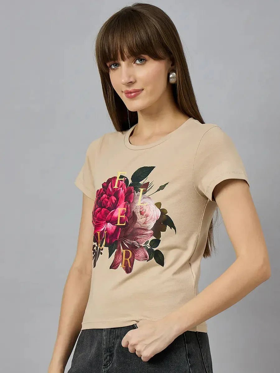 Woman in a 98degreenorth women’s casual typography t-shirt—round-neck, perfect for effortless everyday styling.